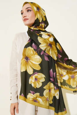 Vintage Rose Desen Şal Yağ Yeşili-13 - Başörtüsü