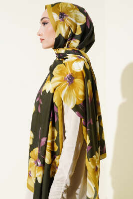 Vintage Rose Desen Şal Yağ Yeşili-13 - Başörtüsü