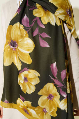 Vintage Rose Desen Şal Yağ Yeşili-13 - Başörtüsü