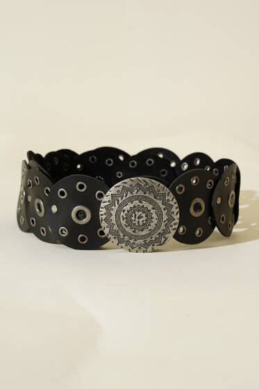 Vintage Tarzı Kemer Siyah Gümüş - Deri Kemer