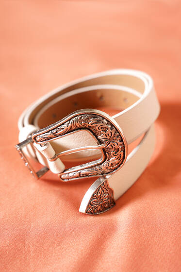 Vintage Tokalı Kemer Bej - Deri Kemer