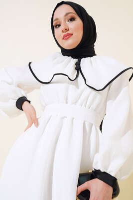 Vintage Yakalı Kabartma Elbise Beyaz - Thumbnail