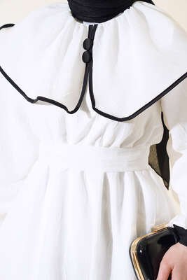 Vintage Yakalı Kabartma Elbise Beyaz - Thumbnail