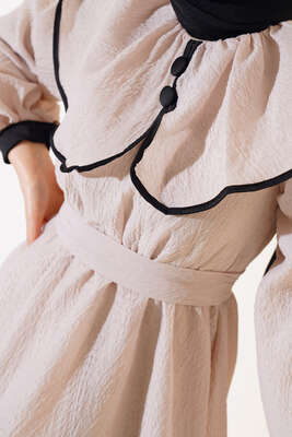 Vintage Yakalı Kabartma Elbise Vizon - Thumbnail