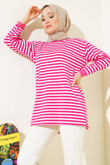 Viskon Yatay Çizgili Tunik Fuşya - Tunik