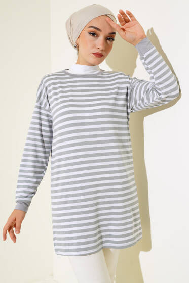 Viskon Yatay Çizgili Tunik Gri - Tunik