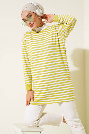 Viskon Yatay Çizgili Tunik Yağ Yeşili - Tunik
