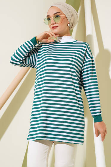 Viskon Yatay Çizgili Tunik Zümrüt - Tunik
