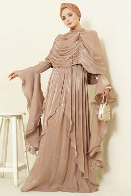Volan Detaylı Drapeli Fırfırlı Abiye Elbise Bej - Elbise