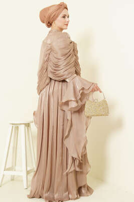 Volan Detaylı Drapeli Fırfırlı Abiye Elbise Bej - Elbise