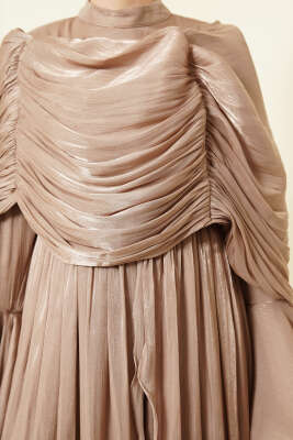 Volan Detaylı Drapeli Fırfırlı Abiye Elbise Bej - Elbise