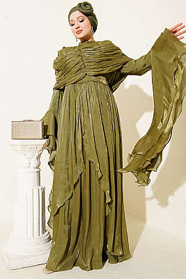 Volan Detaylı Drapeli Fırfırlı Abiye Elbise Haki - ARANLI TEKSTİL