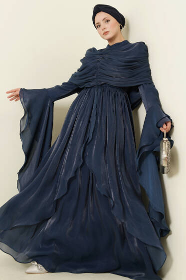 Volan Detaylı Drapeli Fırfırlı Abiye Elbise Lacivert - Elbise