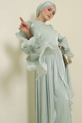 Volan Detaylı Drapeli Fırfırlı Abiye Elbise Mint - ARANLI TEKSTİL