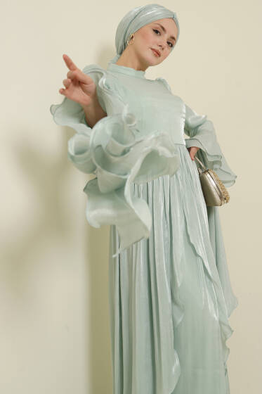 Volan Detaylı Drapeli Fırfırlı Abiye Elbise Mint - Elbise