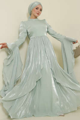 Volan Detaylı Drapeli Fırfırlı Abiye Elbise Mint - Elbise