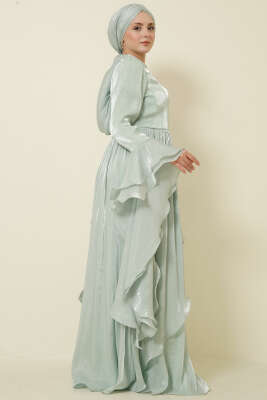 Volan Detaylı Drapeli Fırfırlı Abiye Elbise Mint - Elbise