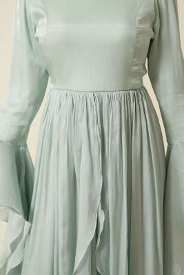 Volan Detaylı Drapeli Fırfırlı Abiye Elbise Mint - Elbise