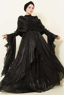 Volan Detaylı Drapeli Fırfırlı Abiye Elbise Siyah - ARANLI TEKSTİL