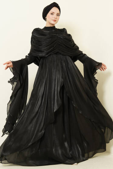 Volan Detaylı Drapeli Fırfırlı Abiye Elbise Siyah - Elbise