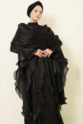 Volan Detaylı Drapeli Fırfırlı Abiye Elbise Siyah - Elbise