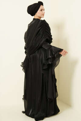 Volan Detaylı Drapeli Fırfırlı Abiye Elbise Siyah - Elbise