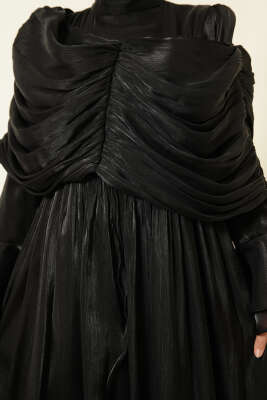 Volan Detaylı Drapeli Fırfırlı Abiye Elbise Siyah - Elbise