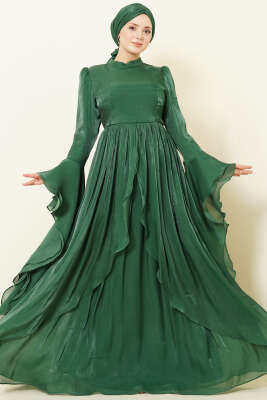 Volan Detaylı Drapeli Fırfırlı Abiye Elbise Zümrüt - ARANLI TEKSTİL