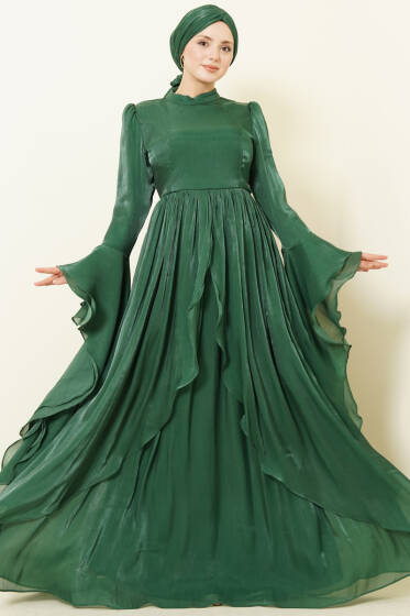 Volan Detaylı Drapeli Fırfırlı Abiye Elbise Zümrüt - Elbise