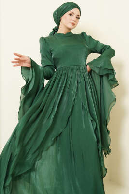 Volan Detaylı Drapeli Fırfırlı Abiye Elbise Zümrüt - Elbise
