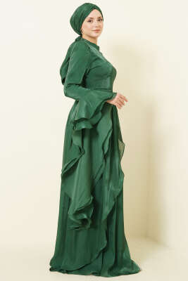 Volan Detaylı Drapeli Fırfırlı Abiye Elbise Zümrüt - Elbise