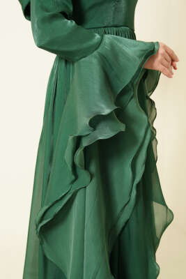 Volan Detaylı Drapeli Fırfırlı Abiye Elbise Zümrüt - Elbise