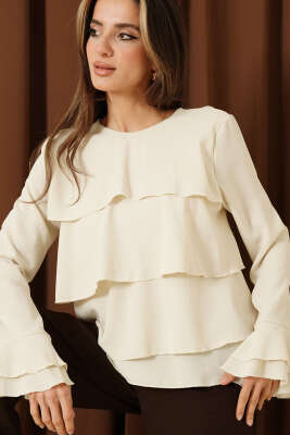 Volan Kollu Fırfırlı Bluz Bej - LUSTRİN
