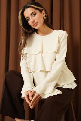Volan Kollu Fırfırlı Bluz Bej - Kadın Giyim Modelleri