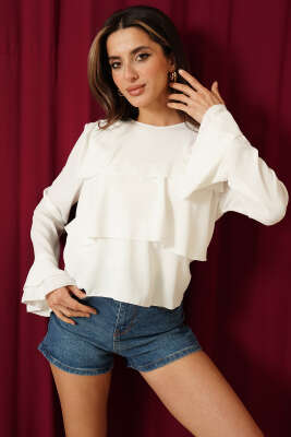 Volan Kollu Fırfırlı Bluz Beyaz - Kadın Giyim Modelleri