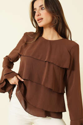 Volan Kollu Fırfırlı Bluz Kahve - LUSTRİN