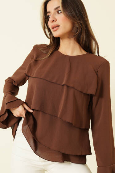 Volan Kollu Fırfırlı Bluz Kahve - Kadın Giyim Modelleri