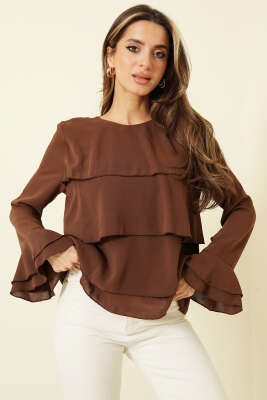 Volan Kollu Fırfırlı Bluz Kahve - Kadın Giyim Modelleri