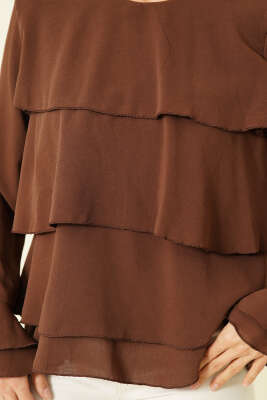 Volan Kollu Fırfırlı Bluz Kahve - Kadın Giyim Modelleri