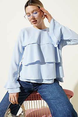 Volan Kollu Fırfırlı Bluz Mavi 