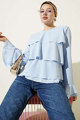 Volan Kollu Fırfırlı Bluz Mavi - Yılın Fırsatı