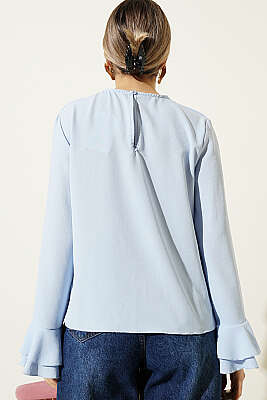 Volan Kollu Fırfırlı Bluz Mavi - Yılın Fırsatı