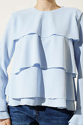 Volan Kollu Fırfırlı Bluz Mavi - Yılın Fırsatı