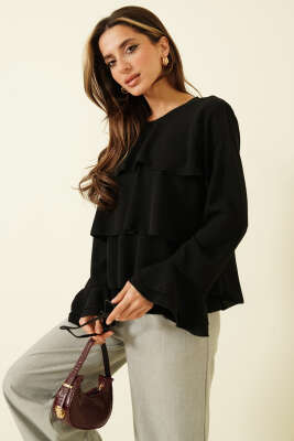 Volan Kollu Fırfırlı Bluz Siyah - LUSTRİN