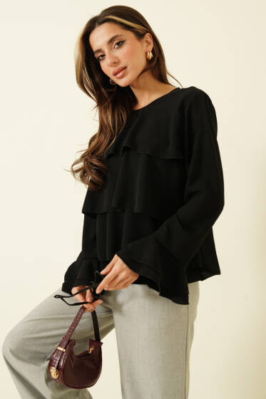 Volan Kollu Fırfırlı Bluz Siyah - Kadın Giyim Modelleri