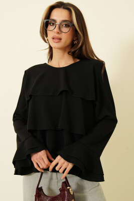 Volan Kollu Fırfırlı Bluz Siyah - Kadın Giyim Modelleri