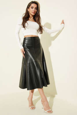 Volanlı Bel Fermuarlı Deri Midi Etek Siyah - LUSTRİN