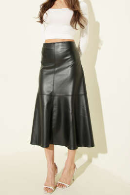 Volanlı Bel Fermuarlı Deri Midi Etek Siyah - Kadın Giyim Modelleri