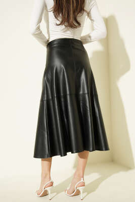 Volanlı Bel Fermuarlı Deri Midi Etek Siyah - Kadın Giyim Modelleri
