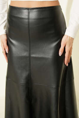 Volanlı Bel Fermuarlı Deri Midi Etek Siyah - Kadın Giyim Modelleri